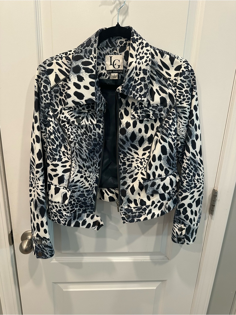 LG Black & White Animal-Print Cropped Moto Jacket